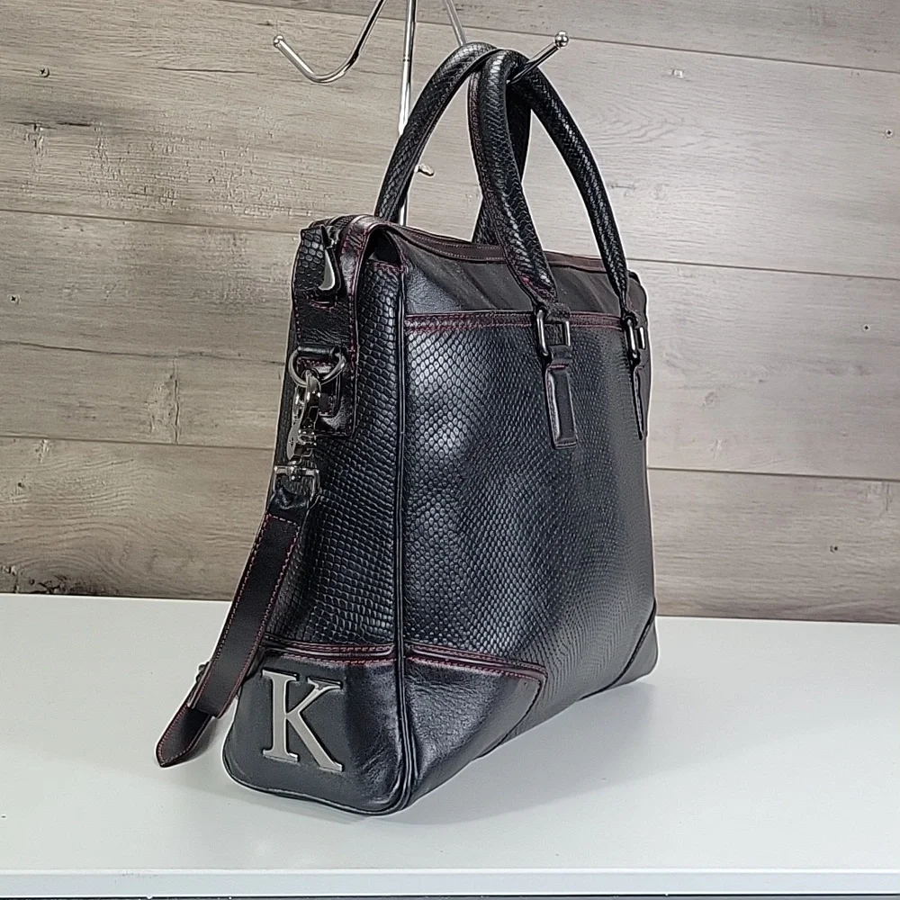 Karpassi Black Leather Briefcase Laptop Bag with Red Stitching